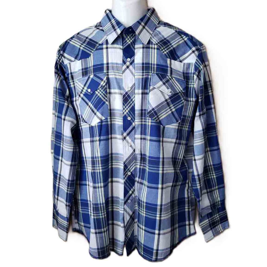 Rustler Western Shirt X Long Tails Blue Plaid Snap Front Men's Size Large